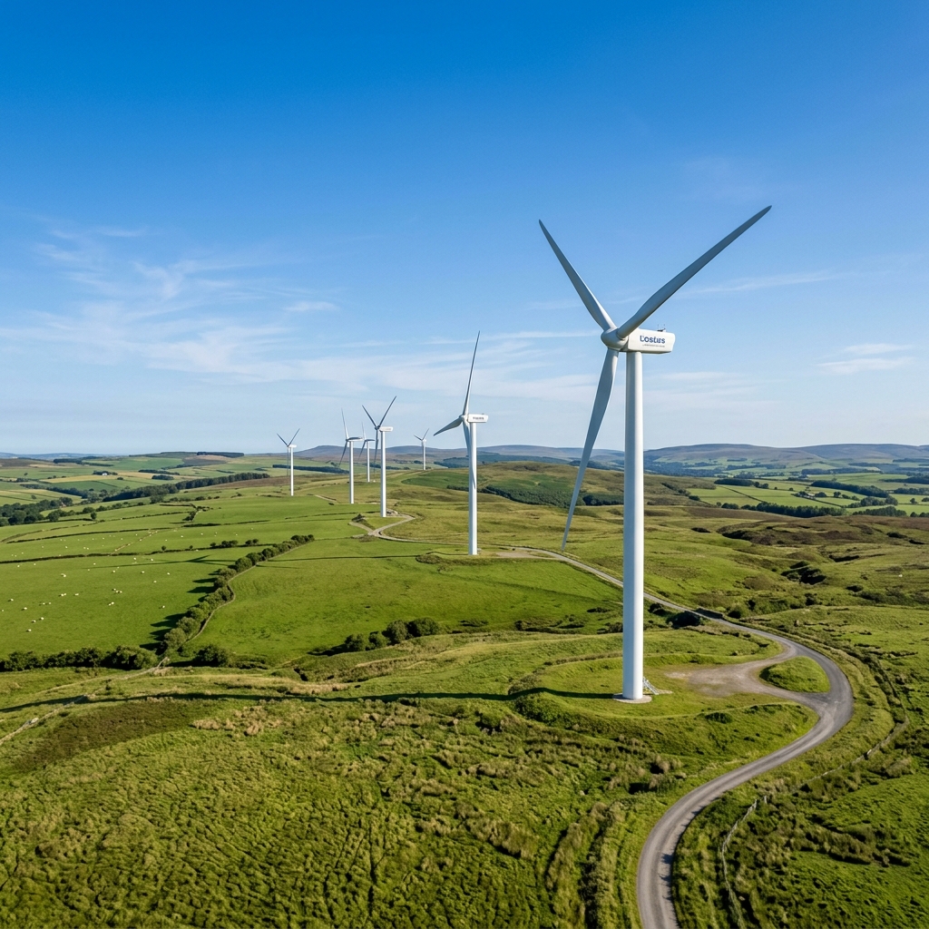 Modern wind turbines on green hills representing clean energy generation